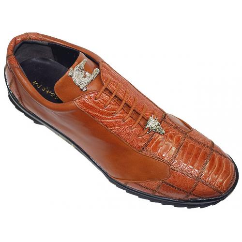 La Scarpa "Zeus" Cognac Genuine Ostrich And Lambskin Leather Casual Sneakers With Silver Alligator On Front